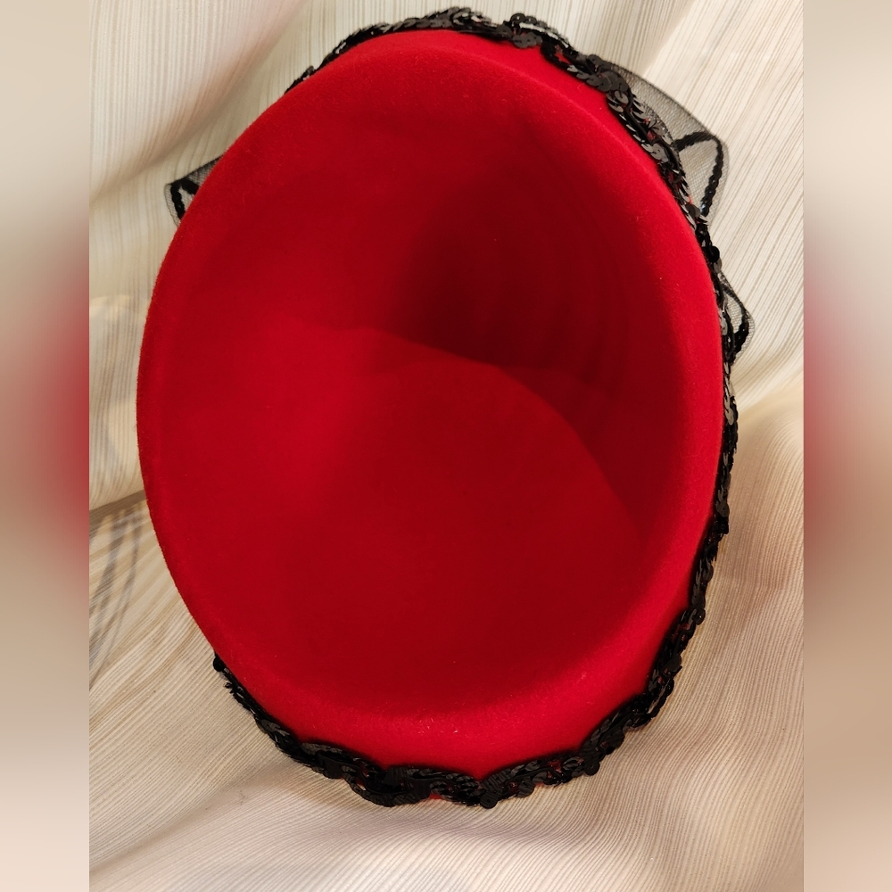 Red Felted Wool Hat with Black Sequin Trim and Black Netting - Picture 6 of 7